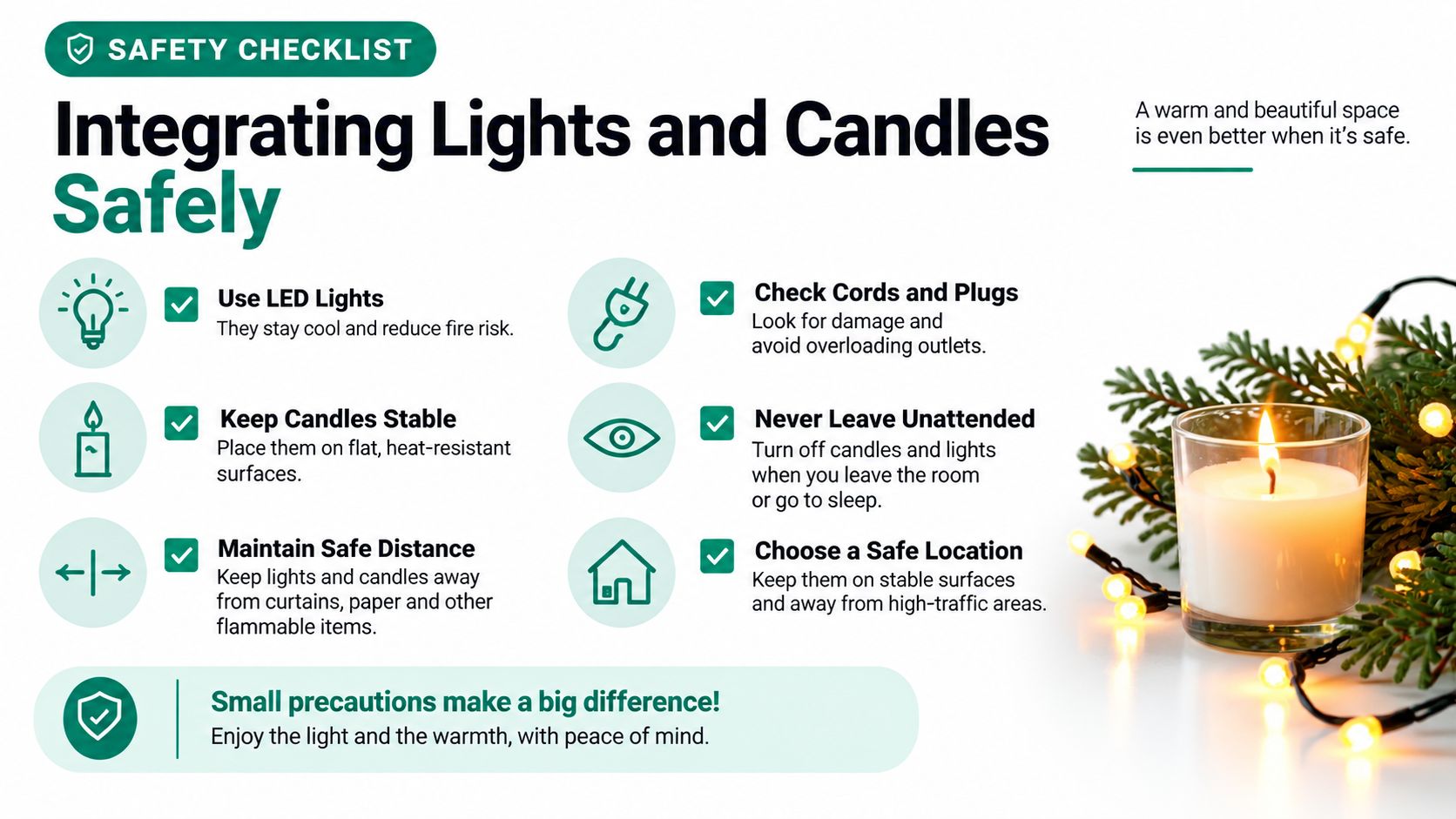 A safety checklist infographic on how to use candles and lights around the home safely.