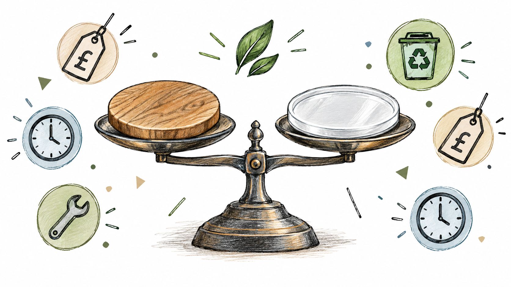 A hand-drawn illustration featuring a balance scale weighing a wooden disc against a metallic disc.