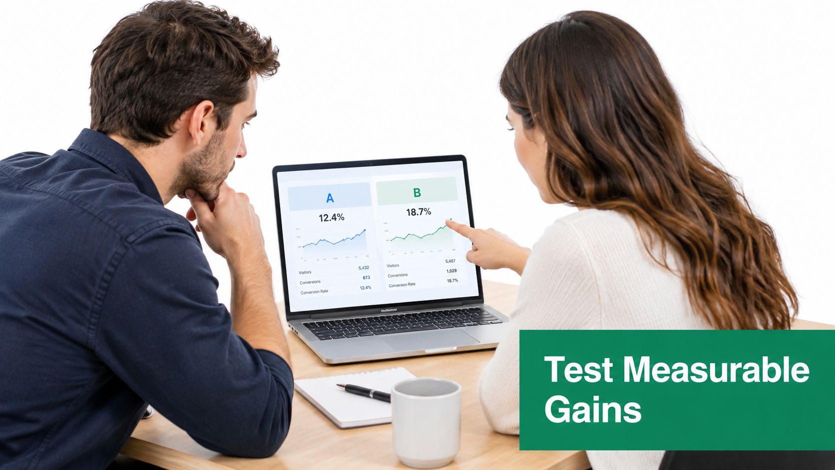 A professional man and woman review A/B testing data analytics on a laptop screen in office.