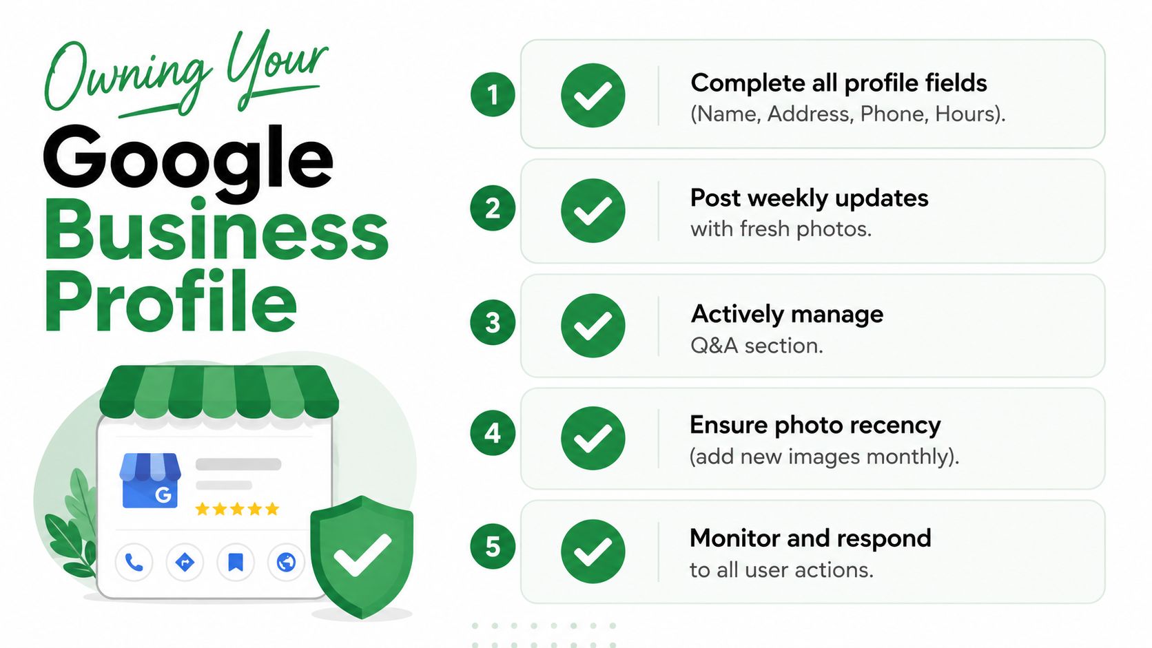 A checklist of five essential tasks to optimize your local Google Business Profile for better search visibility.