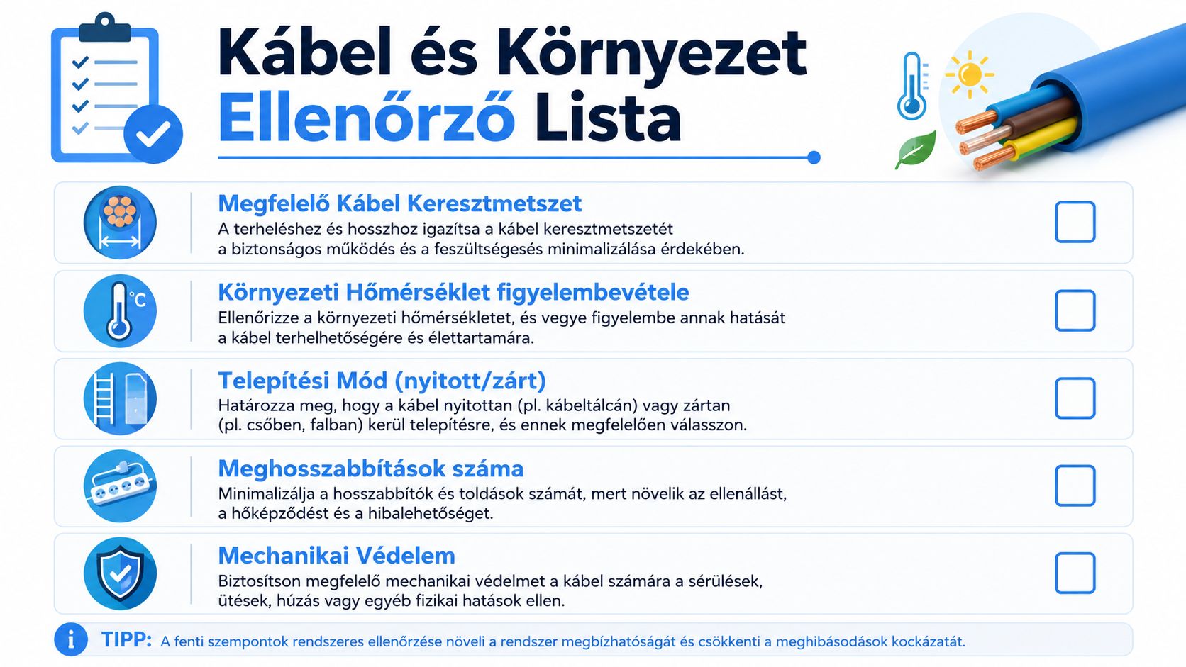 Kábel és környezet ellenőrző lista a biztonságos és hatékony villamosenergia-átvitel tervezéséhez és telepítéséhez.