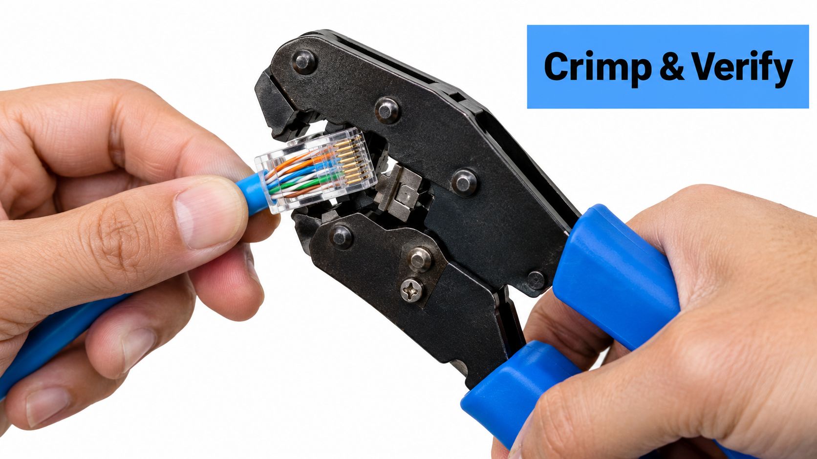 Egy kéz éppen egy RJ45-ös csatlakozót présel rá egy kék színű UTP kábel végére a krimpelő fogóval.