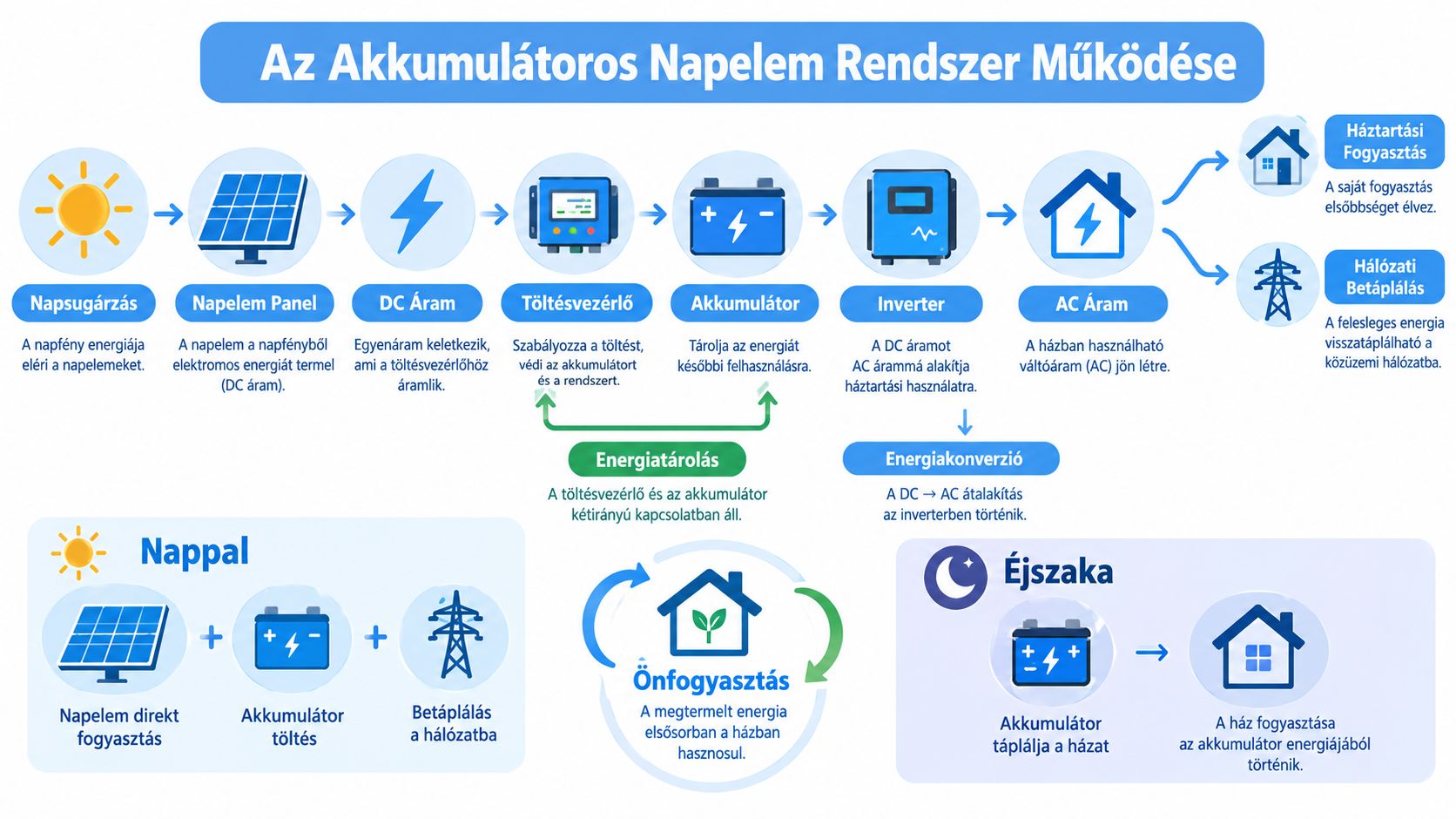 Ábrázolás az akkumulátoros napelemes rendszer működéséről, bemutatva az energia útját a napsugárzástól a háztartási felhasználásig és hálózati betáplálásig.