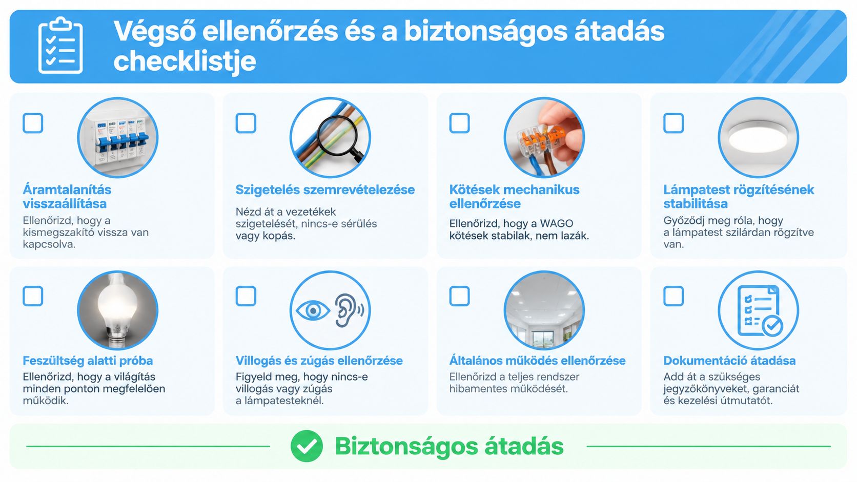 Ellenőrzőlista a mennyezeti LED lámpák biztonságos szerelésének utolsó lépéseiről, beleértve az áramellátás és a működés ellenőrzését.