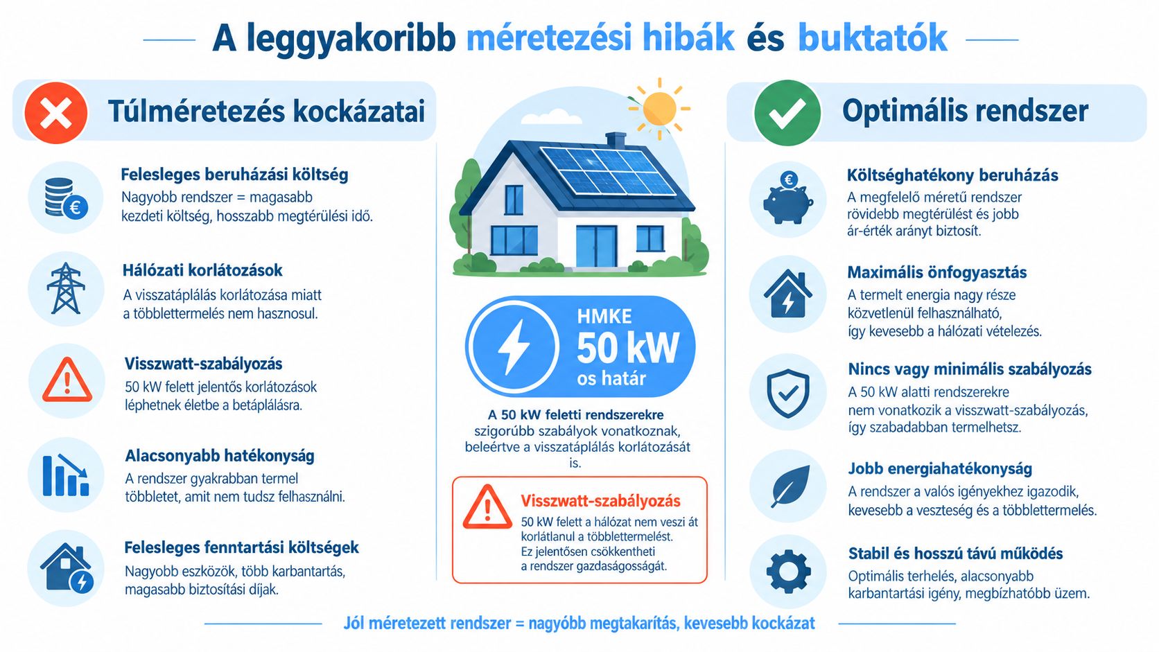 Infografika, amely bemutatja a túlméretezett napelemes rendszerek kockázatait és az optimális méretezés előnyeit a megtérülés érdekében.