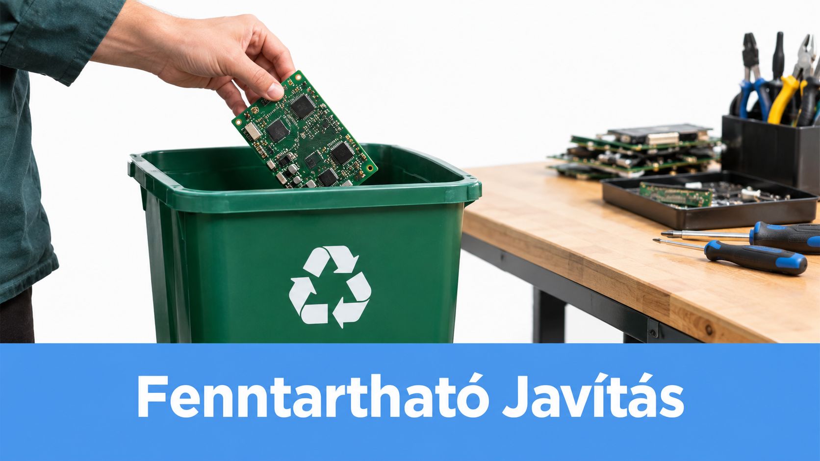 Egy kéz éppen egy régi nyomtatott áramköri lapot dob egy zöld újrahasznosítási kukába a fenntartható javítás jegyében.