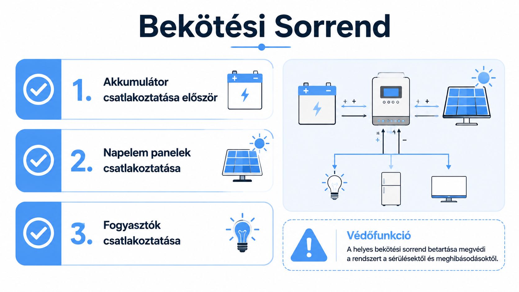 Egy ábra a napelemes rendszer biztonságos bekötési sorrendjét mutatja be, az akkumulátor, napelemek és fogyasztók csatlakoztatásával.