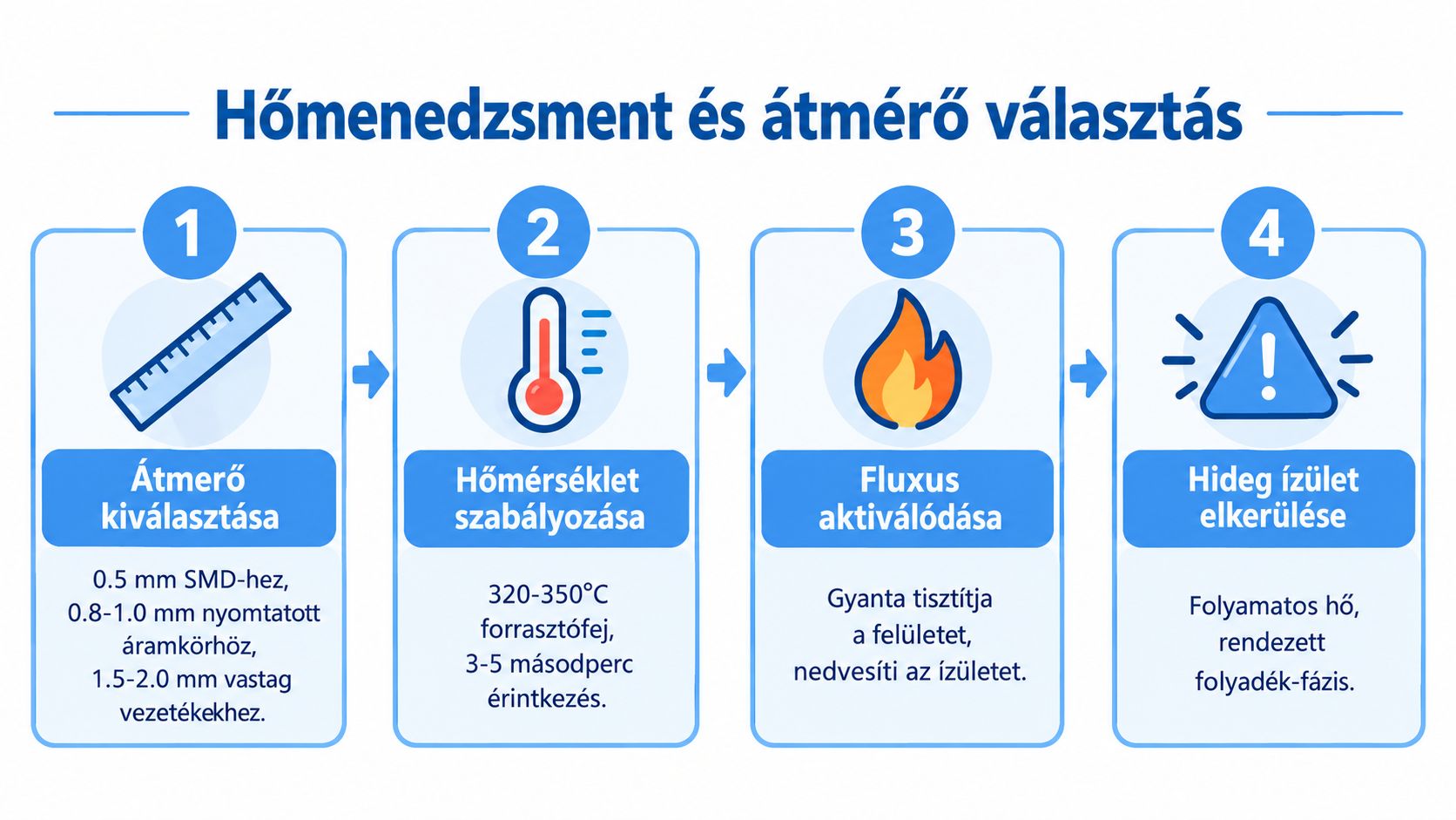 A négy lépésből álló forrasztási útmutató a megfelelő hőmérséklet és ón átmérő kiválasztásának technikai folyamatát szemlélteti magyar nyelven.