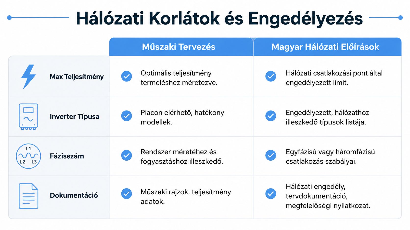 A napelem rendszer hálózati korlátait és az engedélyezési folyamat műszaki szempontjait összefoglaló táblázat magyar nyelven.