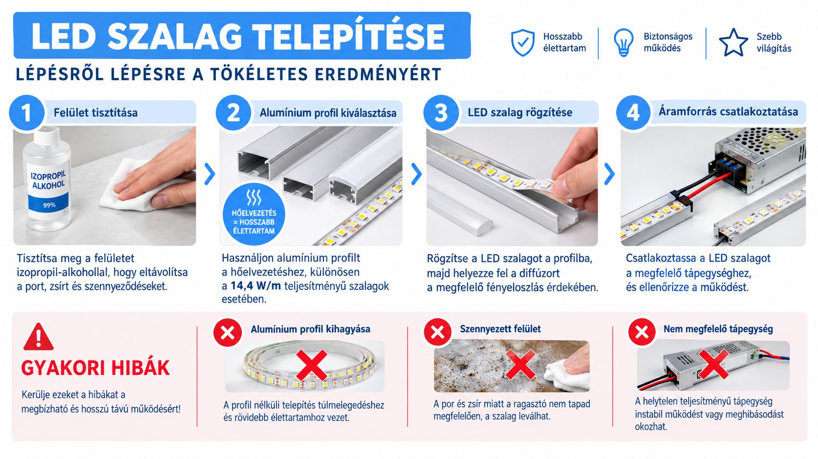 Lépésről lépésre útmutató LED szalag helyes telepítéséhez, a hosszú élettartam és a biztonságos működés érdekében.