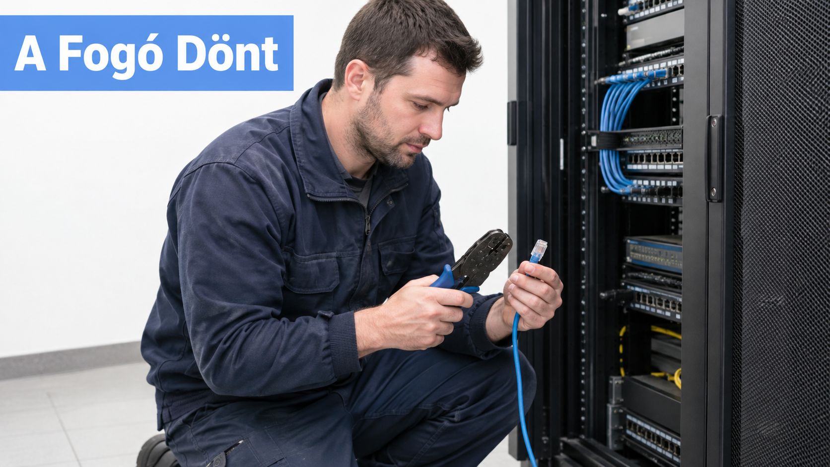 Egy technikus hálózati kábelt szerel össze egy UTP krimpelő fogóval a szerverszoba berendezései előtt dolgozva.