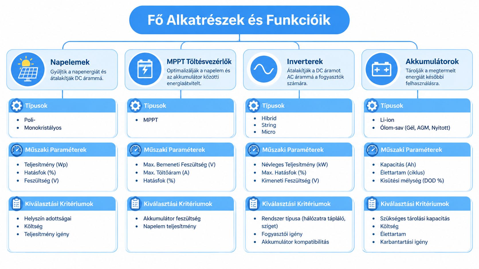 A napelemes rendszerek fő alkatrészeit és azok funkcióit, típusait, műszaki paramétereit és kiválasztási szempontjait bemutató átlátható összefoglaló diagram.
