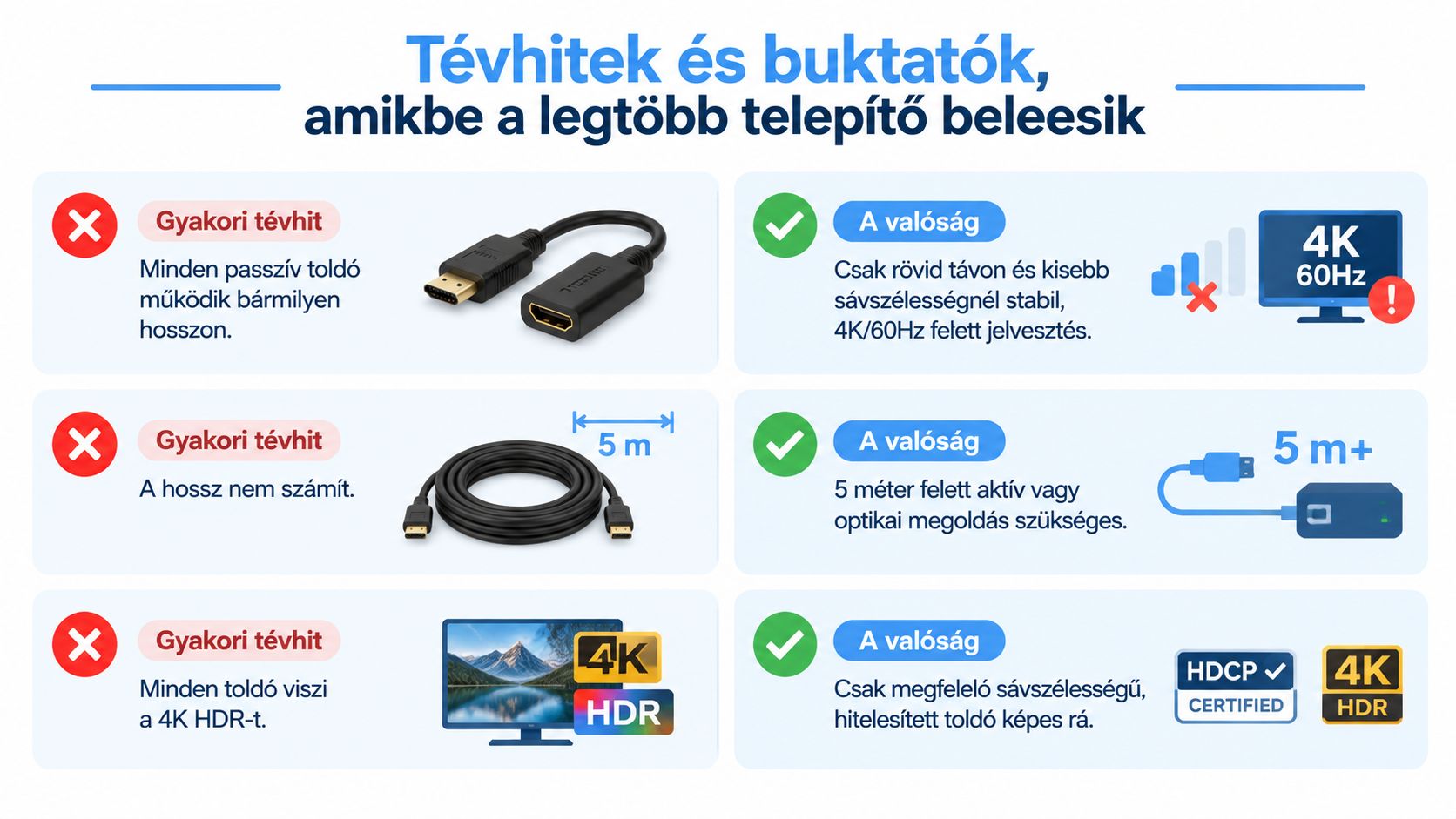 Infografika a HDMI kábel hosszabbítók használatával kapcsolatos gyakori tévhitekről és a helyes telepítési javaslatokról.