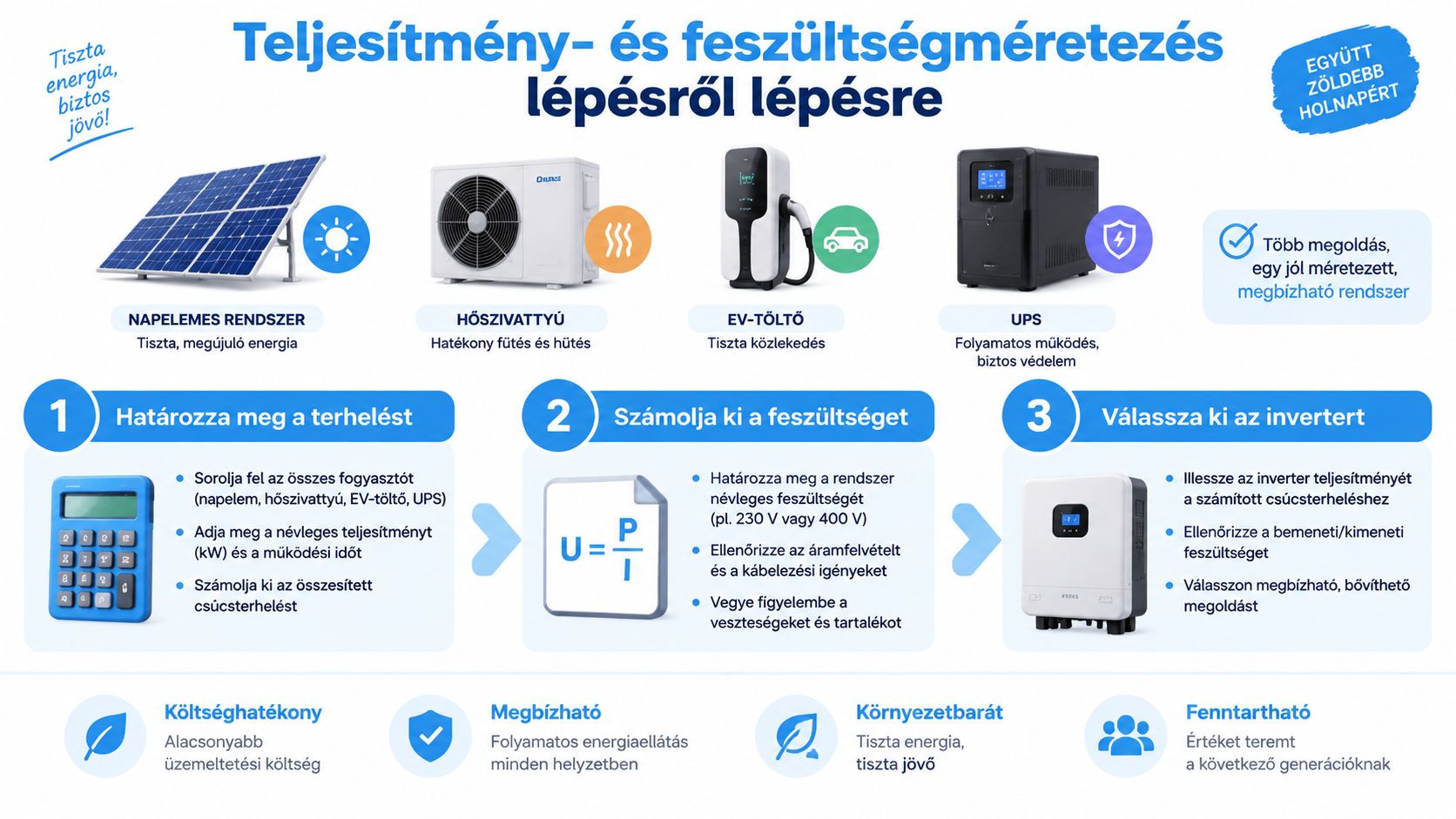 Lépésről lépésre útmutató napelemes rendszerek, hőszivattyúk és elektromos autótöltők teljesítményének és feszültségének meghatározásához.