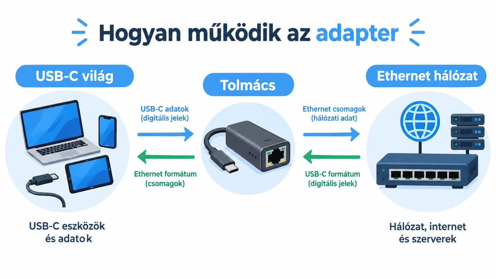 Szemléltető grafika arról, hogyan alakítja át a digitális jeleket az USB-C Ethernet adapter a hálózati kommunikációhoz.
