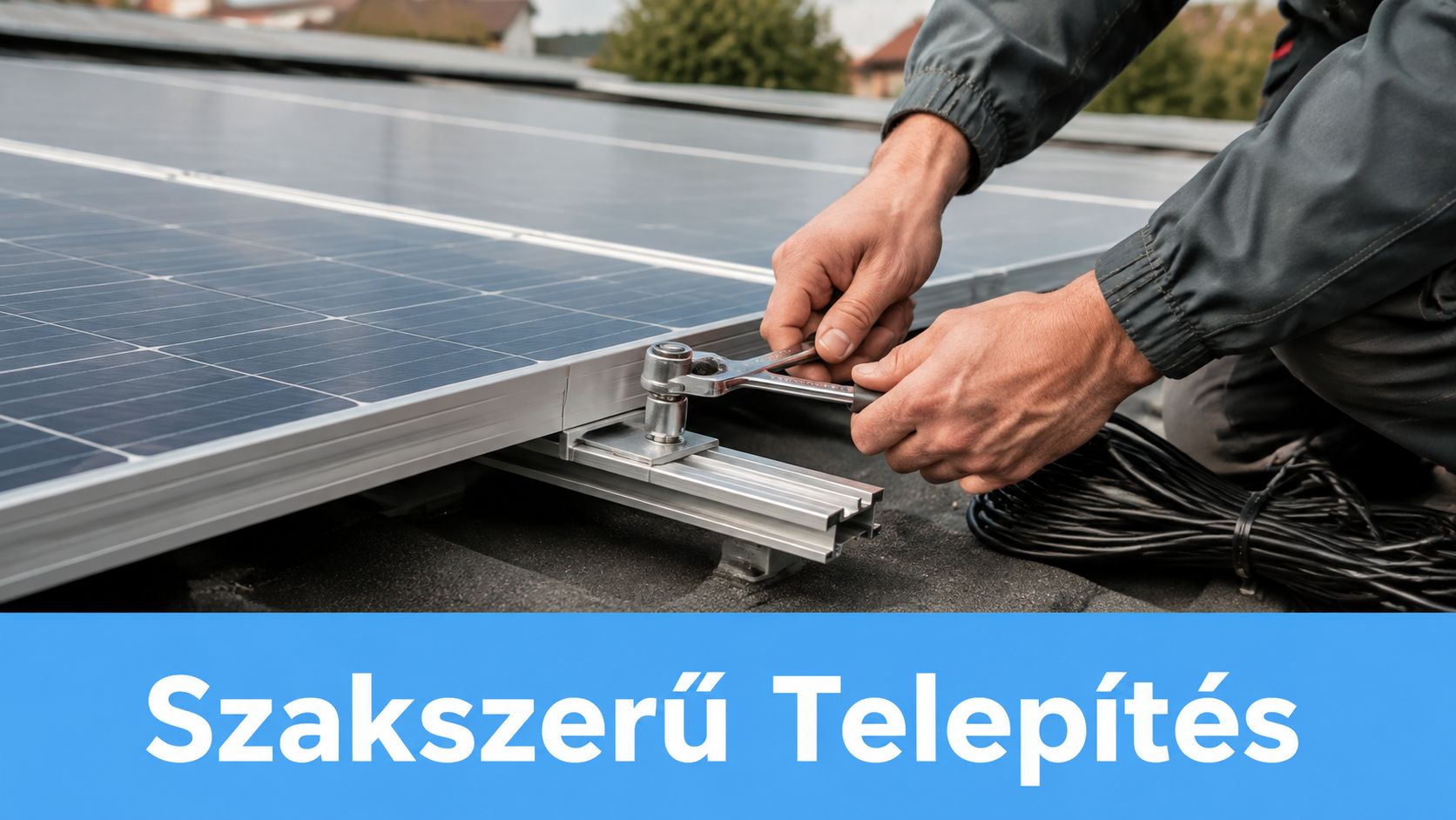 Szakember éppen napelem rendszer rögzítését végzi a tetőn egy csavarkulcs segítségével a biztonságos telepítés érdekében.