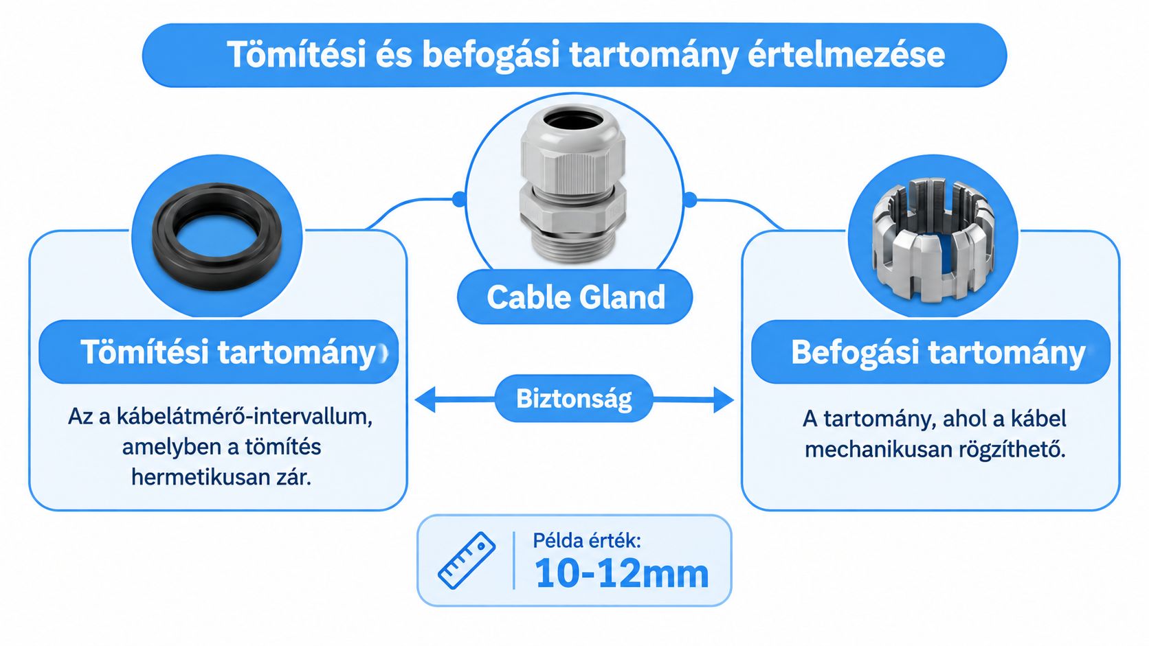 A kábel tömszelence tömítési és befogási tartományának jelentését bemutató magyarázó ábra egy 10-12mm-es példaértékkel.
