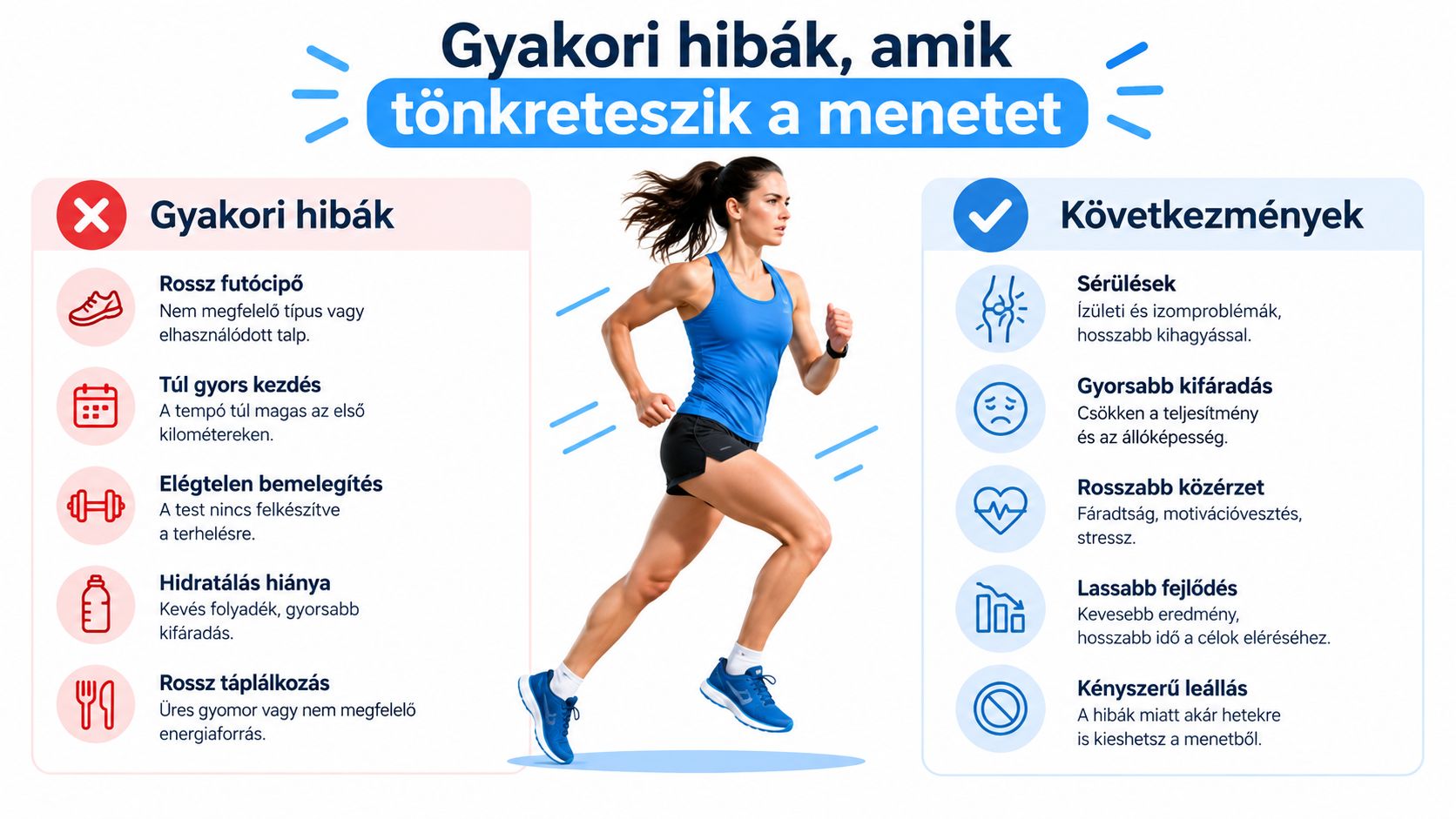 Futó edzés közbeni gyakori hibák és azok negatív következményei egy infografikán szemléltetve a helyes futáshoz.