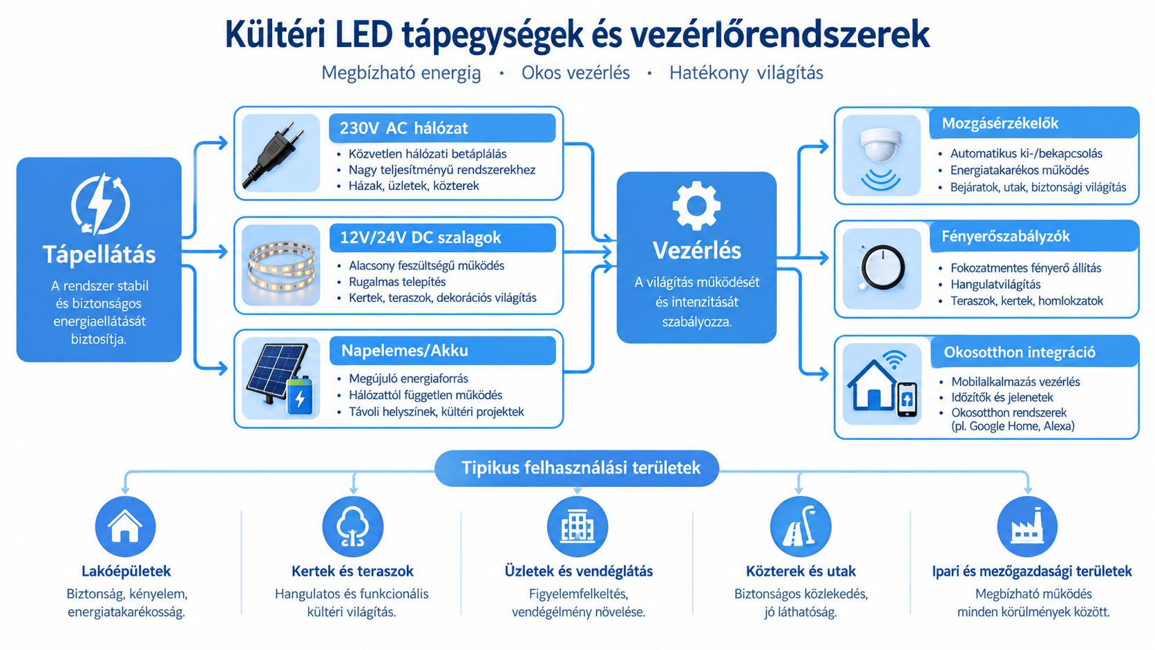 A kültéri LED világítási rendszerek tápellátási, vezérlési és felhasználási lehetőségeit bemutató strukturált folyamatábra és infografika.