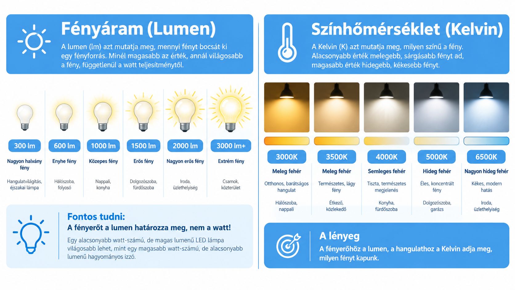 Infografika a LED izzók kiválasztásáról fényáram (lumen) és színhőmérséklet (Kelvin) értékek alapján otthoni környezetben.