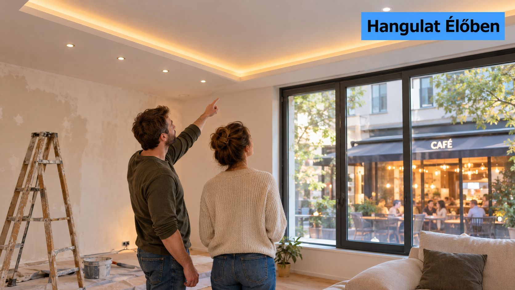 Egy fiatal pár a frissen felújított nappalijukban áll és a modern LED hangulatvilágítást csodálják a mennyezeten.