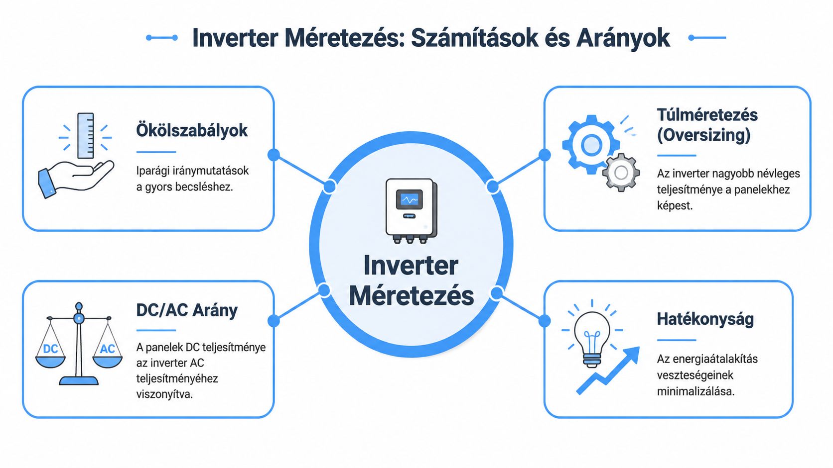 Napelem inverter méretezés szempontjait bemutató infografika, amely a szabályokat, az arányokat, a túlméretezést és a hatékonyságot tartalmazza.
