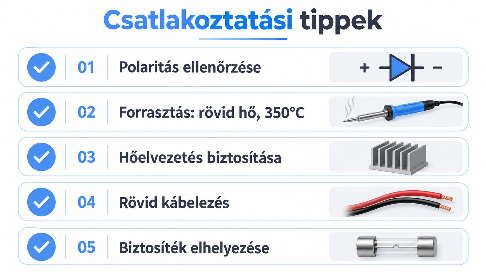 Öt fontos csatlakoztatási tipp egyenirányító dióda bekötéséhez, forrasztáshoz, hűtéshez, kábelezéshez és biztosíték alkalmazásához az elektronikai munkákhoz.