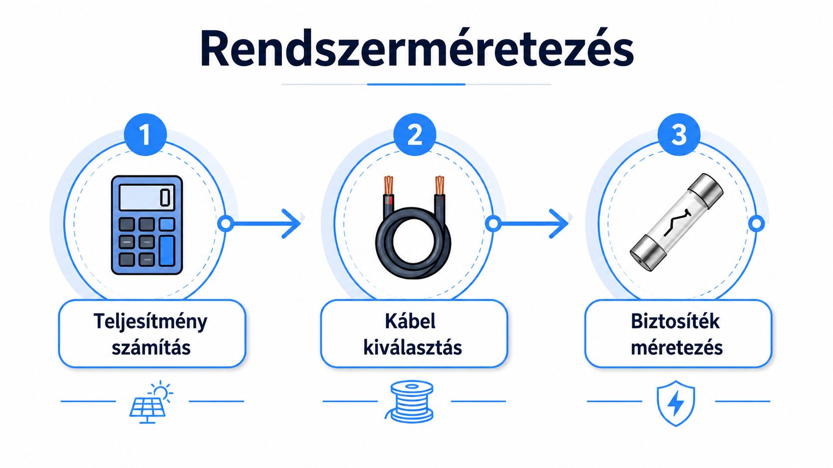 Háromlépcsős folyamatábra, amely a napelem rendszer méretezésének folyamatát mutatja be: teljesítmény számítás, kábel kiválasztás és biztosíték méretezés.
