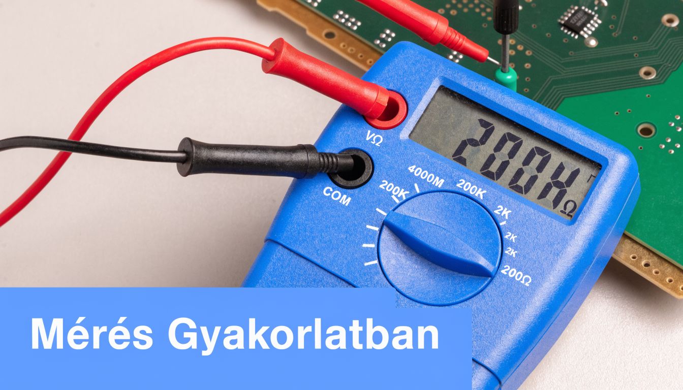 Egy kék digitális multimétert látunk, amint egy zöld nyomtatott áramköri lapon éppen ellenállás mérést végeznek vele.