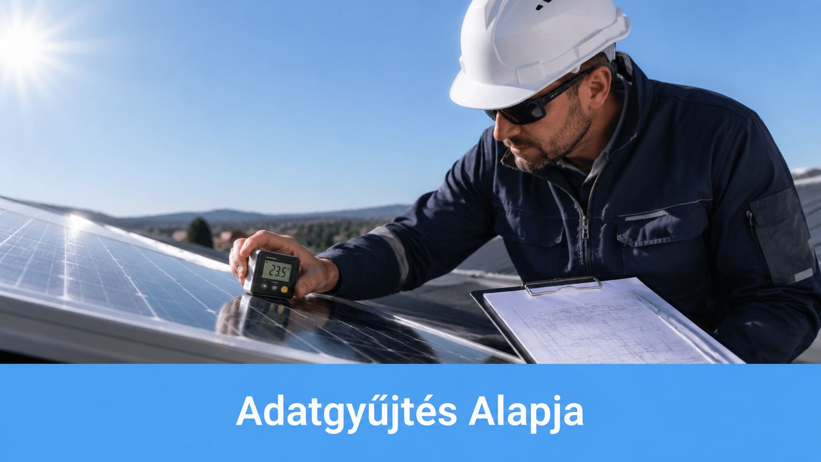 Napelem szakértő technikus a tetőn méri a dőlésszöget egy digitális műszer segítségével a napos időben.