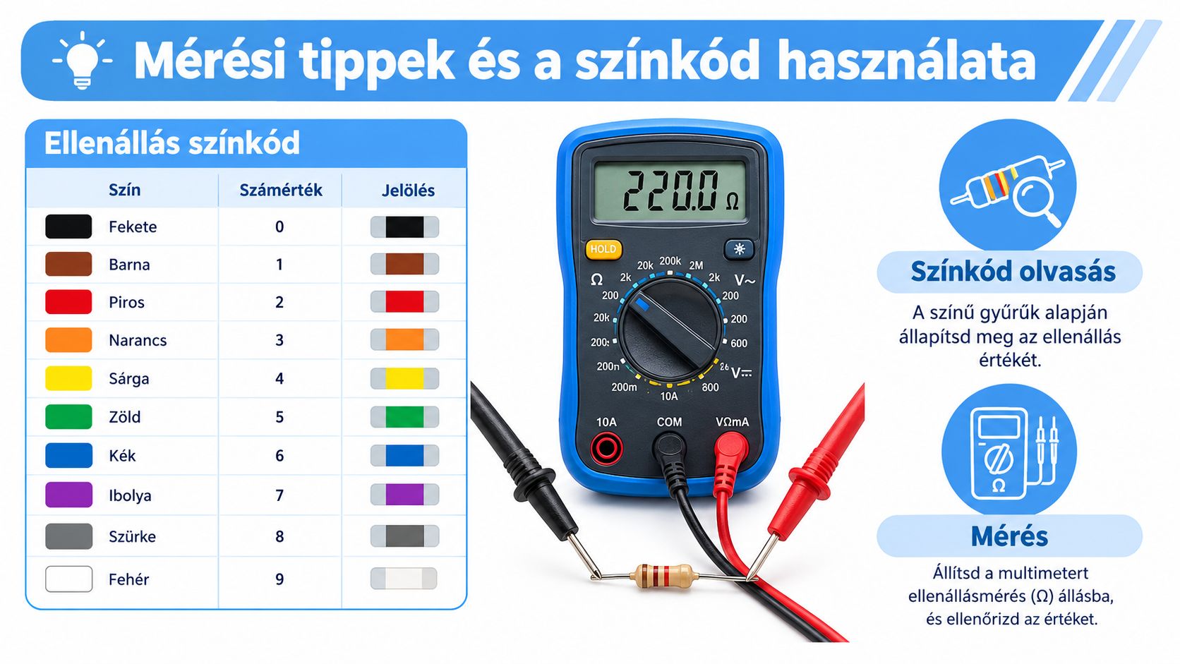 A színes ellenálláskódok magyarázata és a multiméter használatának illusztrációja az elektromos ellenállás méréséhez és értékének meghatározásához.