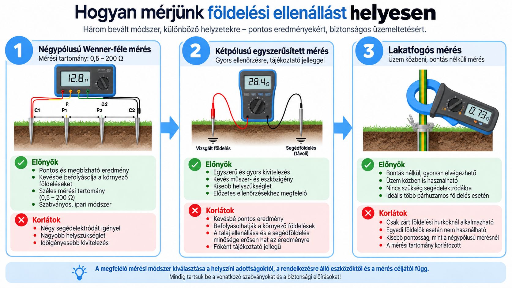 A három leggyakoribb földelési ellenállásmérési módszer összehasonlítása az előnyökkel és a hátrányokkal, magyarázó ábrákkal szemléltetve.