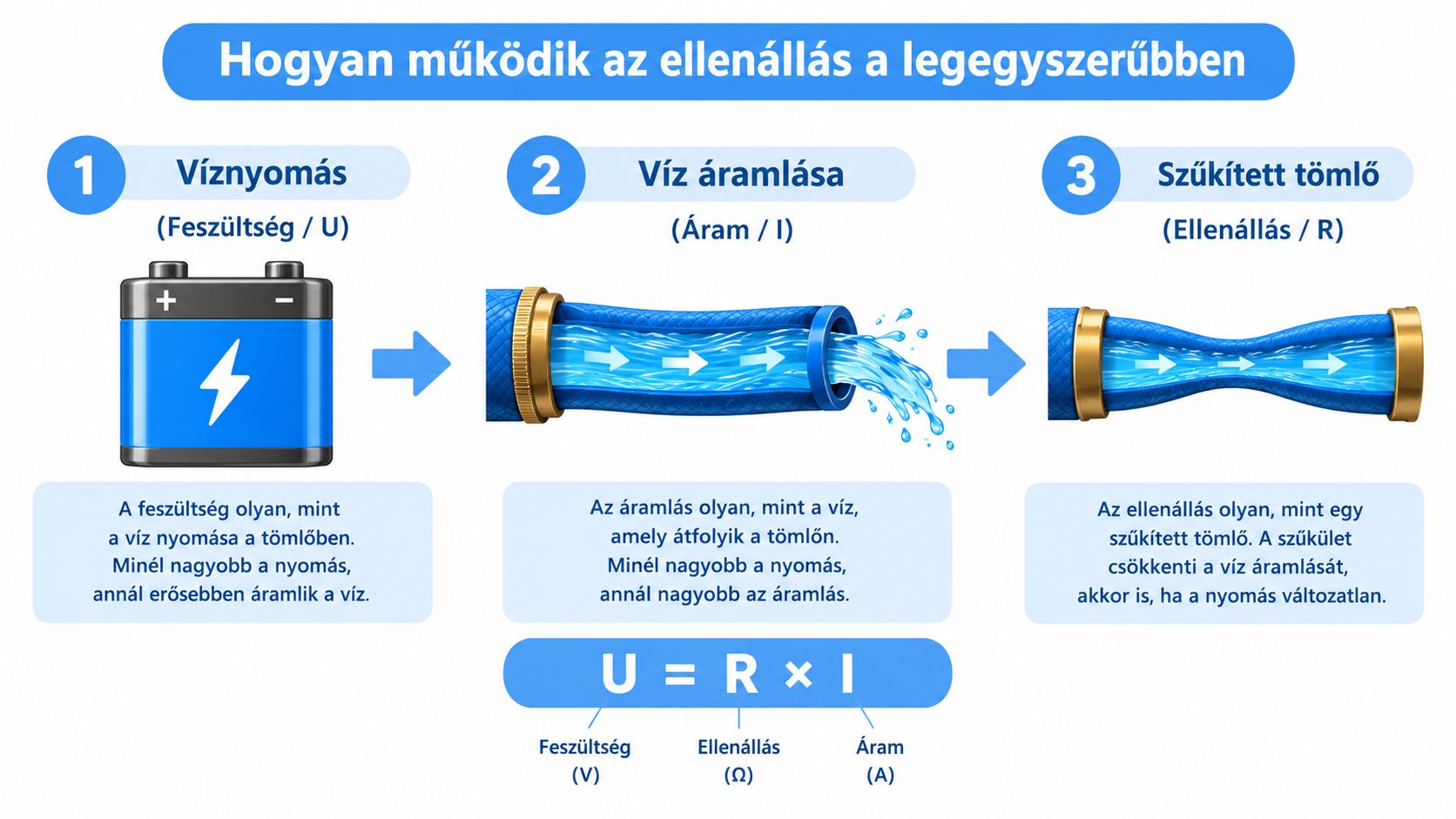 Szemléltető ábra, amely a vízáramlás analógiájával magyarázza el az elektromos feszültség, áramerősség és ellenállás közötti összefüggést.