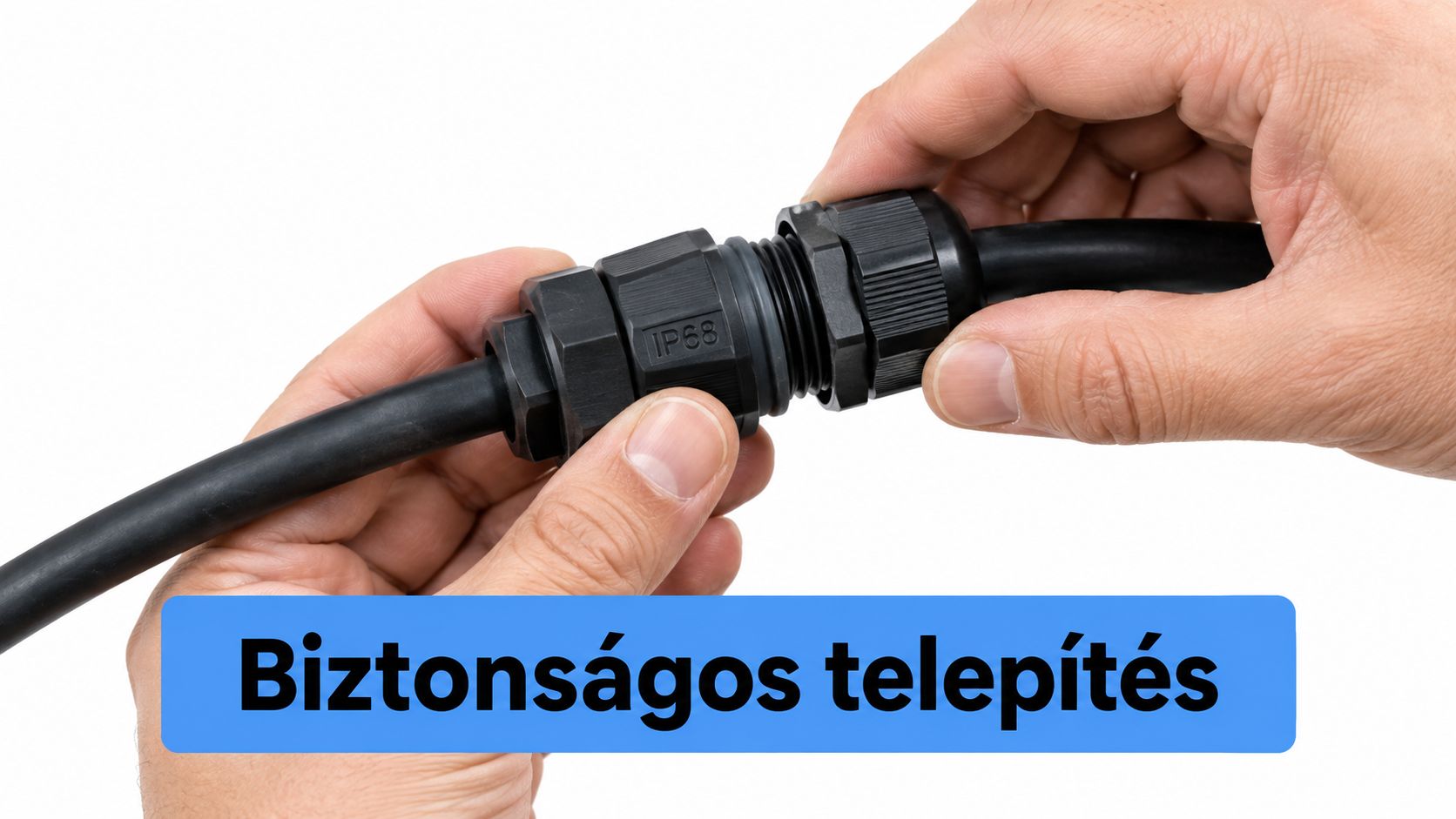 Két kéz egy vízálló IP68-as kábeltömszelencét illeszt össze egy fekete elektromos kábelen a biztonságos kültéri bekötéshez.