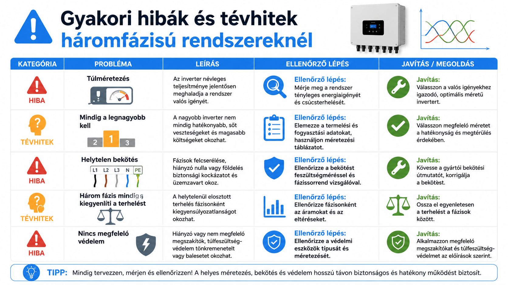 Szakmai táblázat a háromfázisú inverterek gyakori hibáiról, tévhiteiről, azok ellenőrzéséről és a javítási megoldásokról.