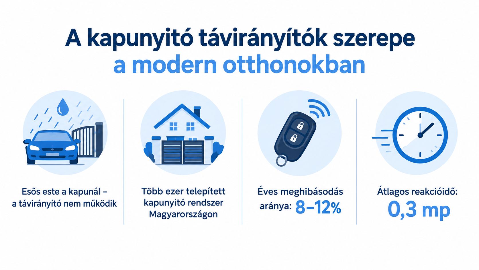 Infografika a kapunyitó távirányítók szerepéről, meghibásodási arányukról és reakcióidejükről a magyarországi modern otthonokban.