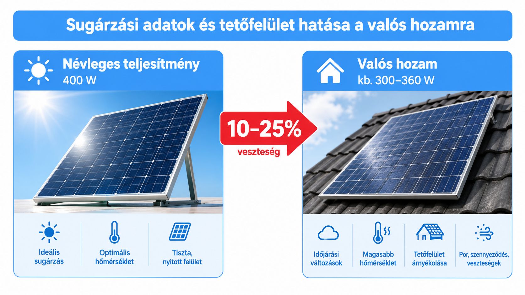 Napelem rendszer névleges teljesítménye és a tetőfelületen mért valós hozam közötti különbségek szemléltetése magyar feliratokkal.