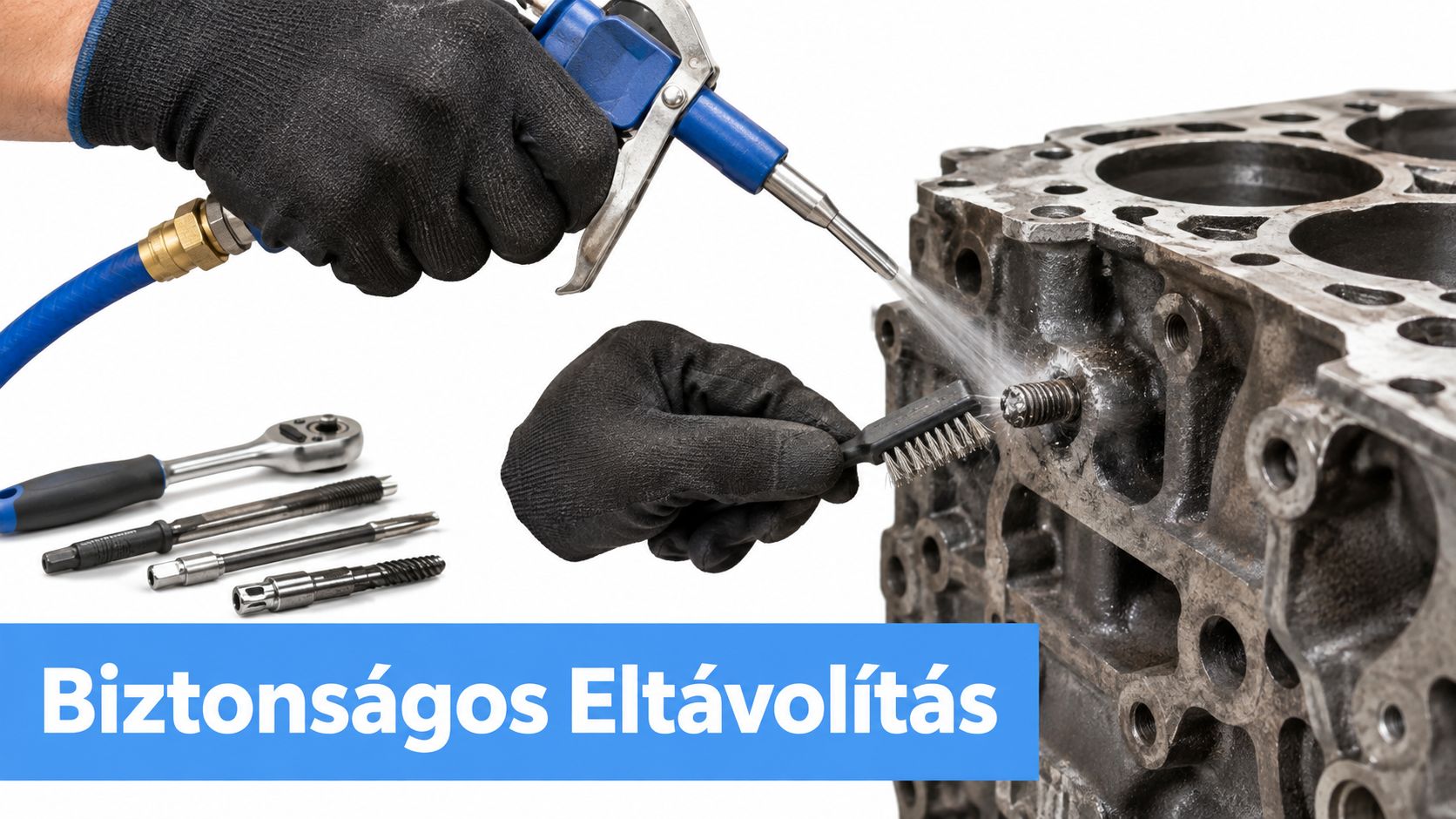 Szerelő kezek tisztítják a motorblokkot egy sűrített levegős pisztollyal és kefével a beszakadt csavar eltávolítása előtt.