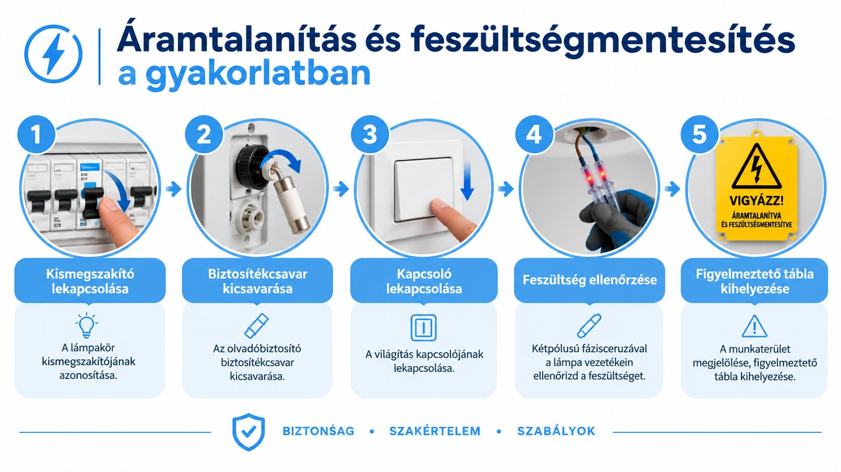 Szemléltető ábra a biztonságos áramtalanítás és feszültségmentesítés öt lépéséről elektromos szerelési munkálatok megkezdése előtt.