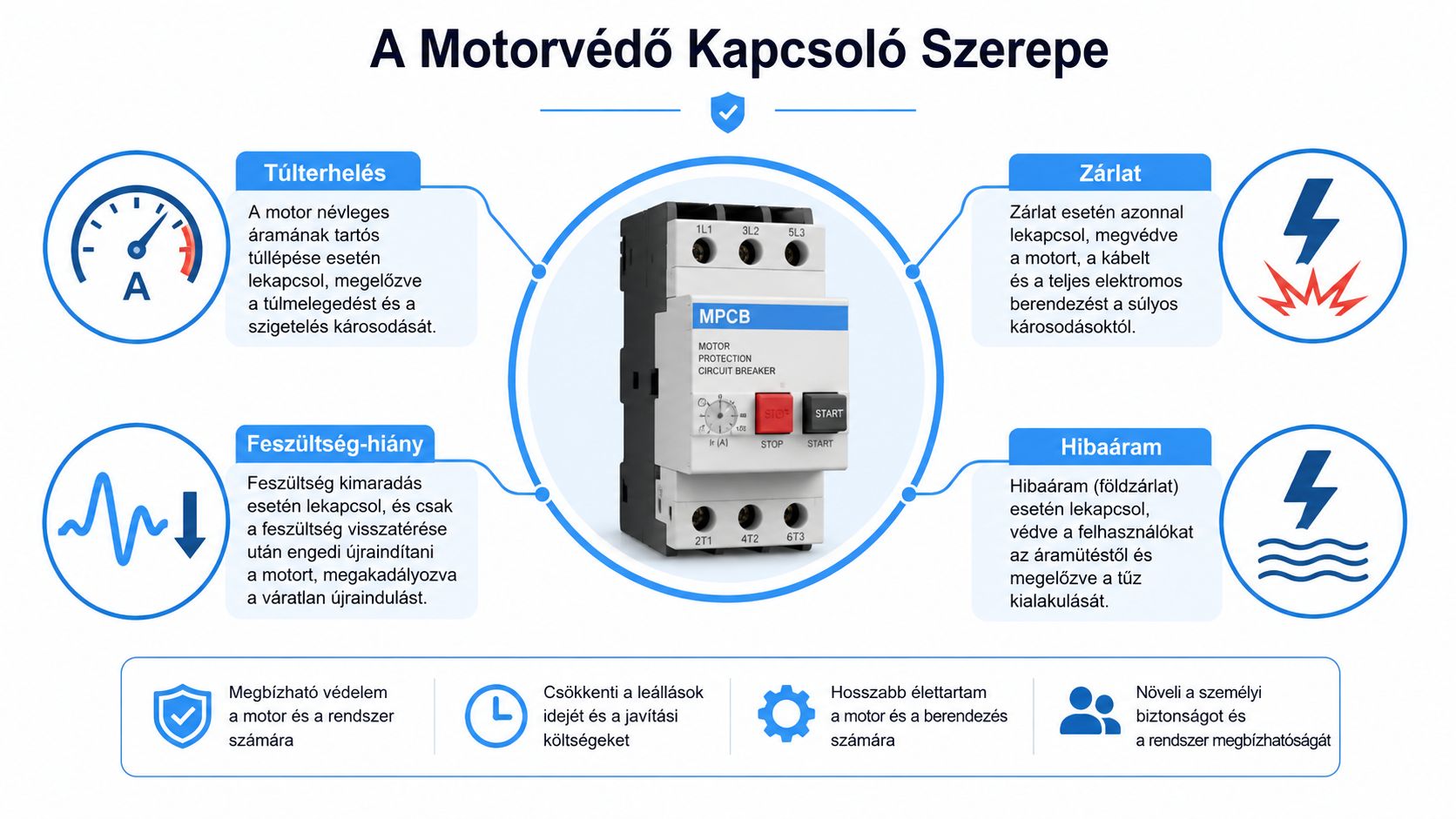 A motorvédő kapcsoló működését, funkcióit és a motorvédelem fontosságát szemléltető infografika elektromos szakemberek számára.