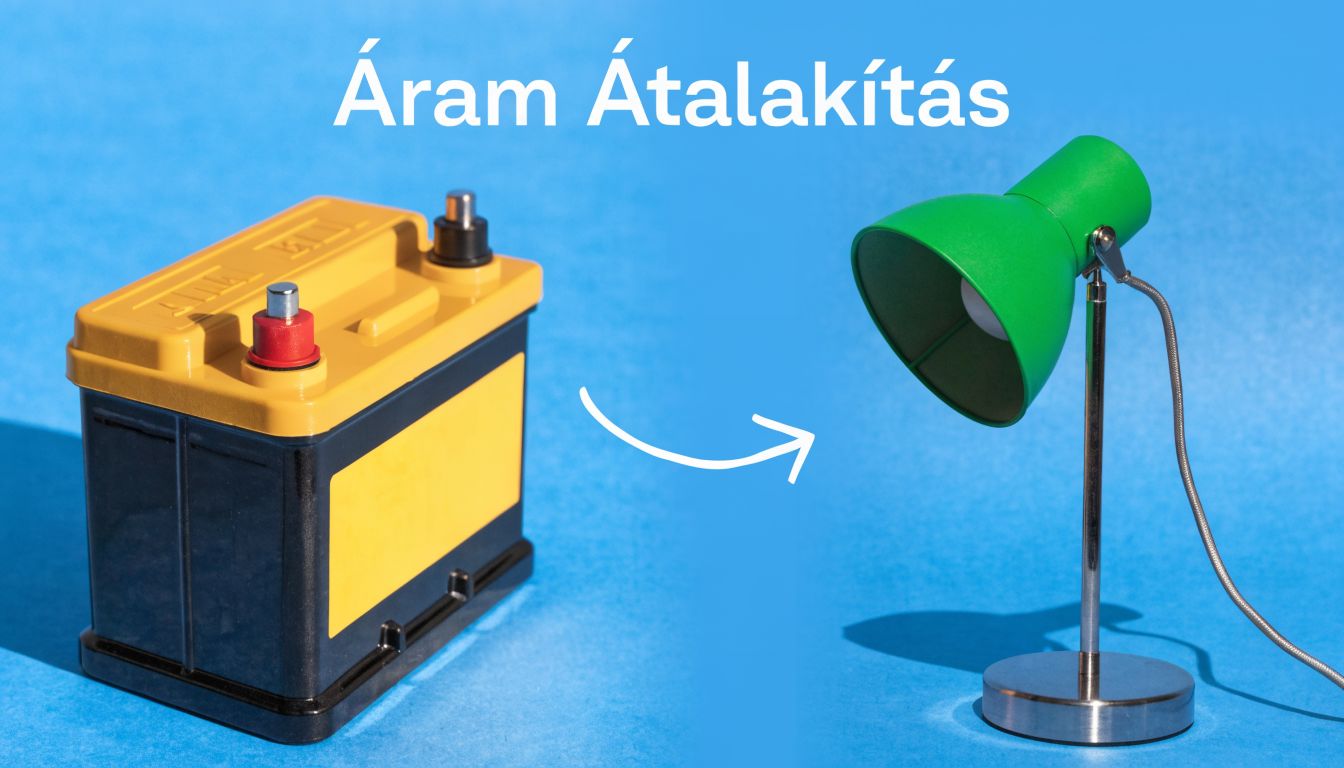 Egy autó akkumulátor és egy zöld asztali lámpa kék háttér előtt, az áram átalakítás koncepcióját szemléltetve.