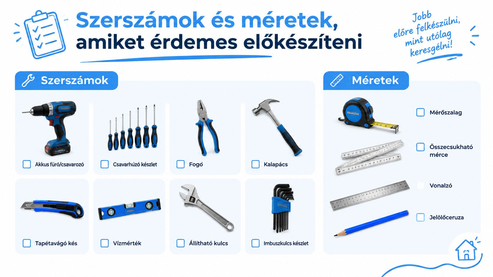 Szerelőszerszámok és mérőeszközök gyűjteménye áttekinthető listaként, amely a barkácsoláshoz elengedhetetlen eszközöket mutatja be az előkészületekhez.