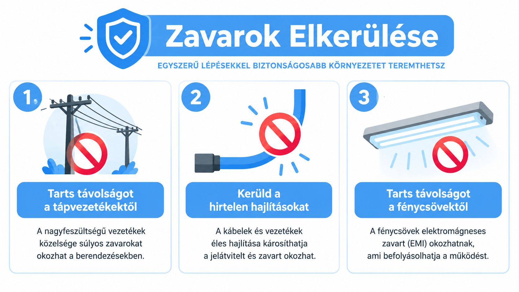 A kép három fontos biztonsági lépést mutat be a zavarok elkerülése érdekében kábelek és berendezések környezetében.