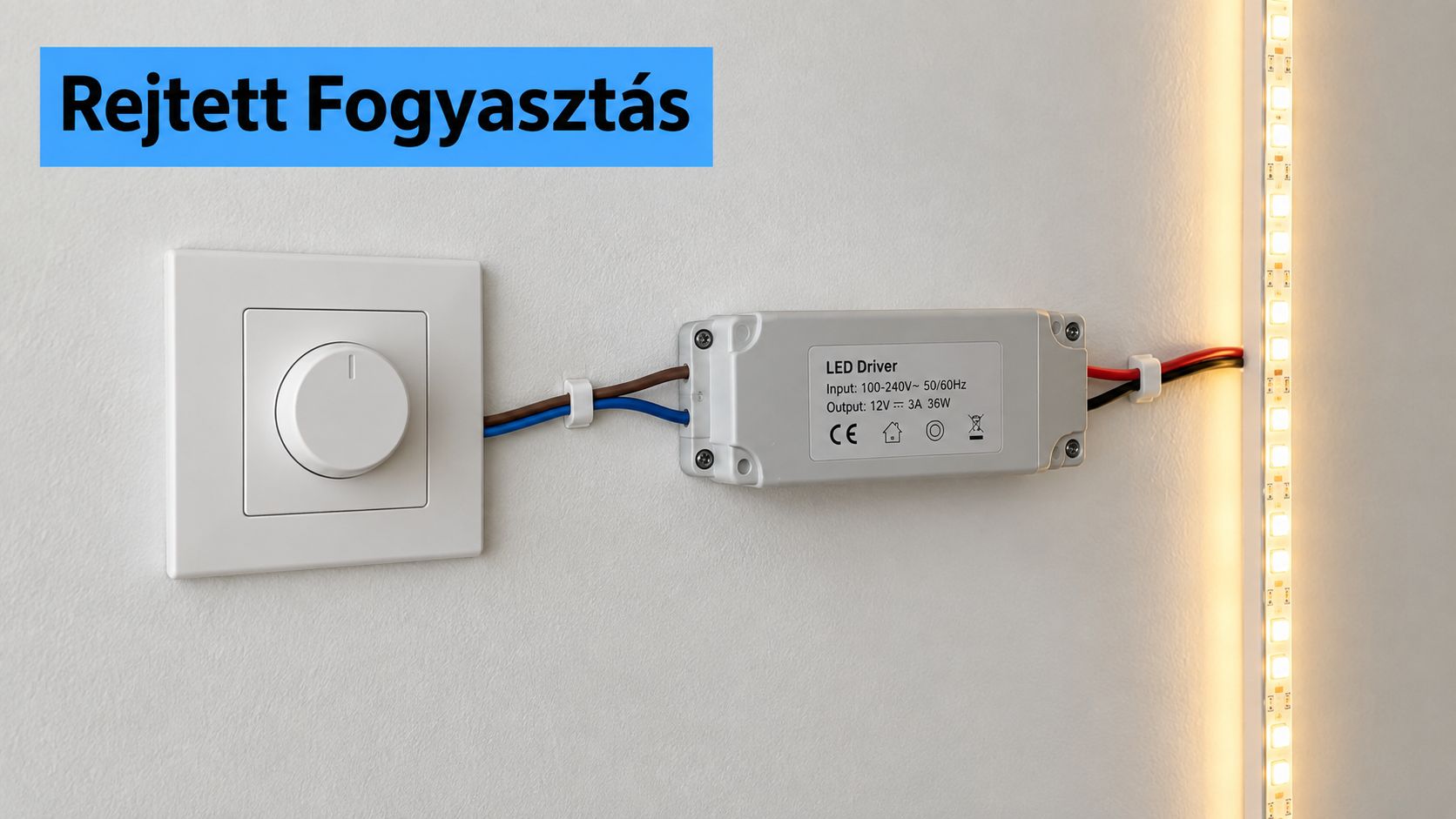 Egy fehér falon szerelt LED meghajtó egység, amely egy kapcsolóhoz és egy világító LED szalaghoz csatlakozik.