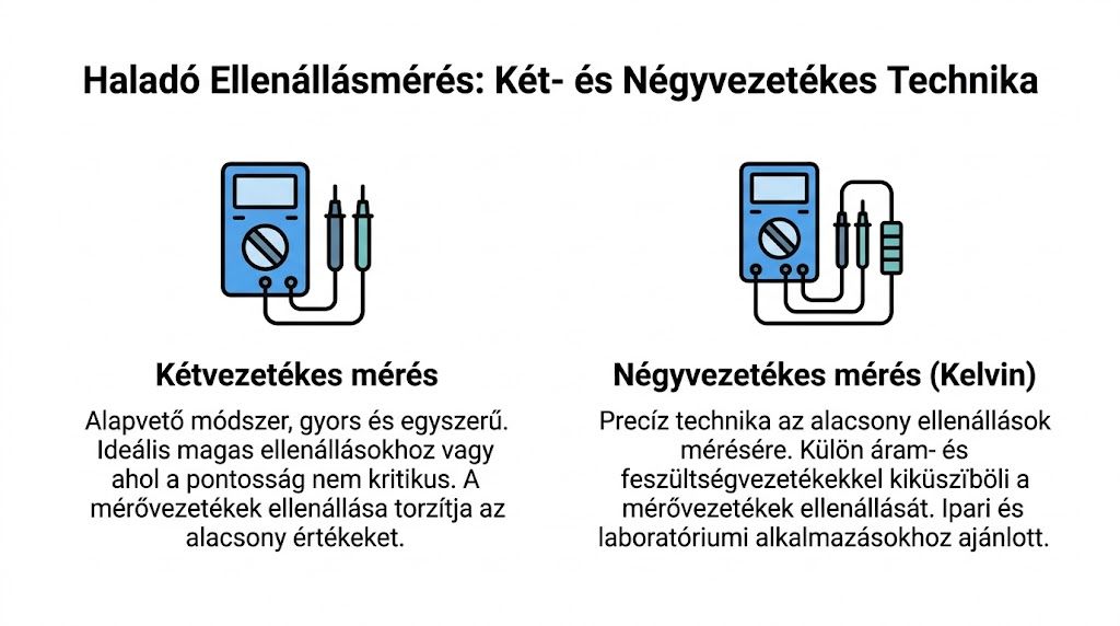 Szemléltető ábra a kétvezetékes és négyvezetékes, Kelvin-féle ellenállásmérés közötti technikai különbségekről multiméterek használata során.