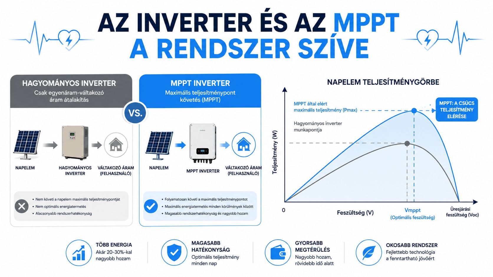 Összehasonlító infografika a hagyományos és az MPPT technológiával rendelkező napelem inverterek működése közötti különbségekről.