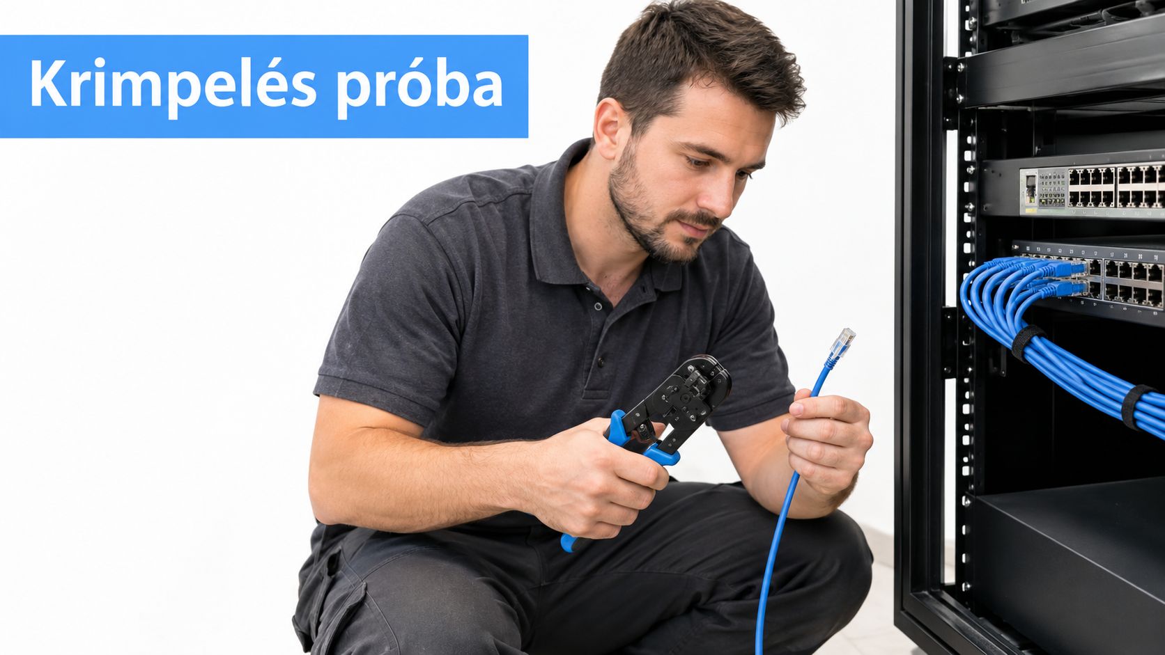 Egy technikus kék UTP kábelt krimpel egy professzionális krimpelő fogó segítségével a szerverteremben végzett munka során.