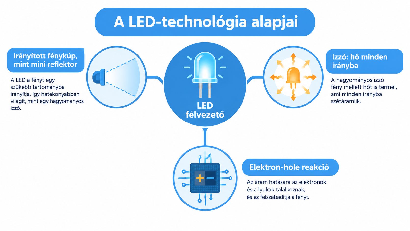 Infografika, amely bemutatja a LED-technológia alapjait, a fénysugár irányítását, a hőtermelést és az elektron-lyuk reakciót.