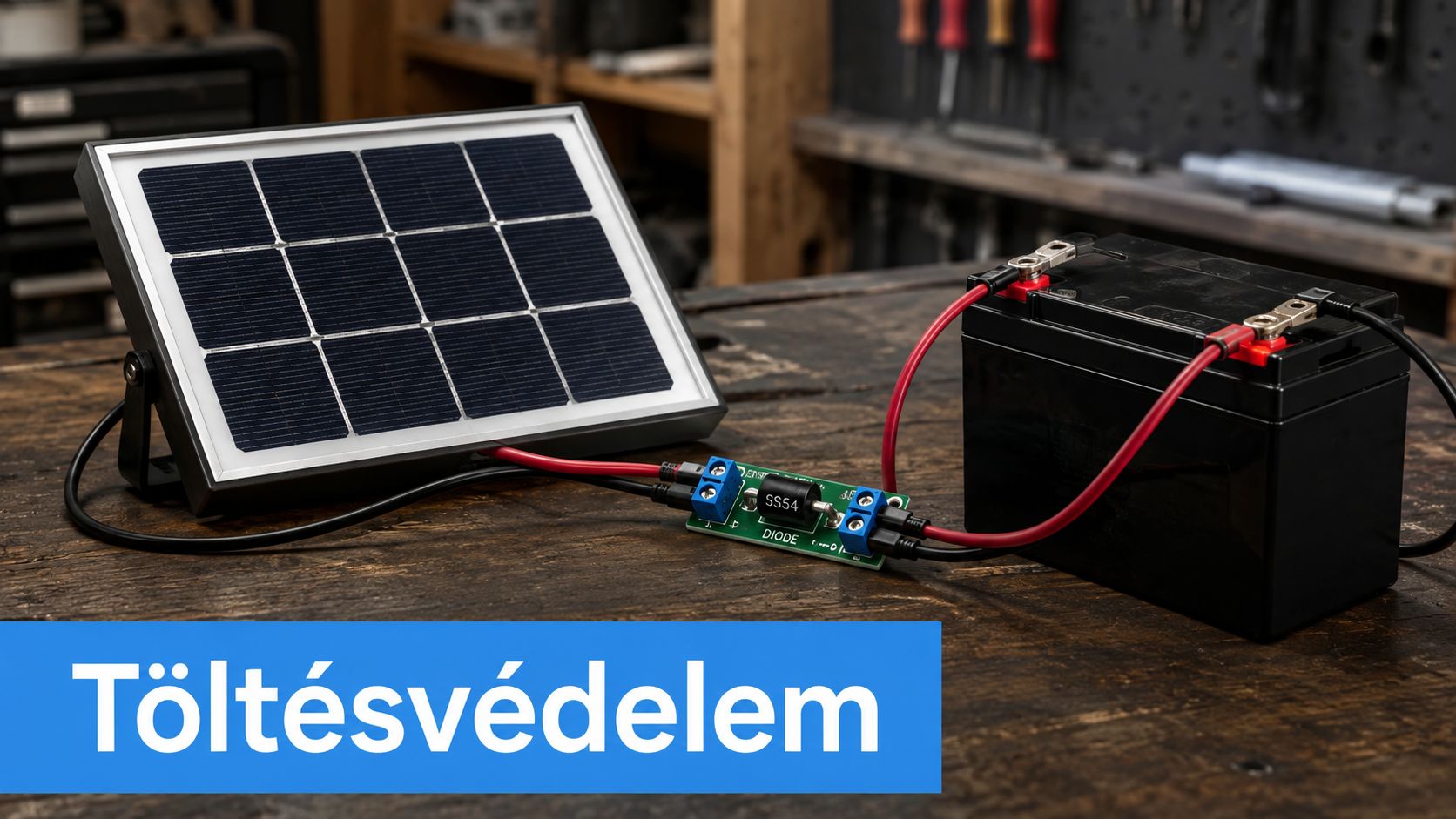 Napelem és akkumulátor összekötése egyenáramú dióda segítségével a visszáram elleni védelem biztosítására egy műhelyasztalon.
