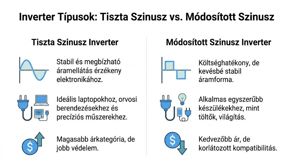 Összehasonlító ábra a tiszta szinuszos és a módosított szinuszos inverterek közötti különbségekről, felhasználási területekről és költségekről.